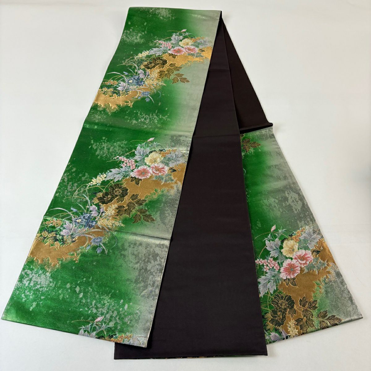 【美品】 袋帶 秀品級 振袖禮服禮服用 草花紋紋 金糸 金金箔 綠 六通 純蠶絲