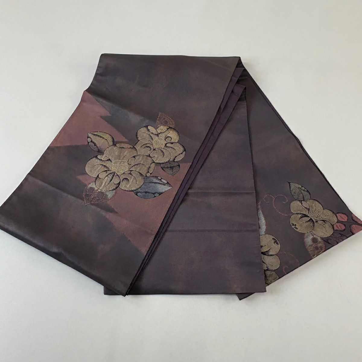 袋帶 秀品級 椿 金絲 金金箔 灰紫 大鼓圖案 純蠶絲
