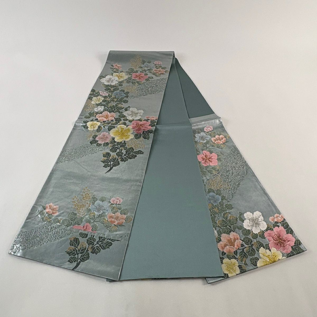 【美品】 袋帶 秀品級 草花紋紋 刺繡 金金箔 青綠 六通 純蠶絲
