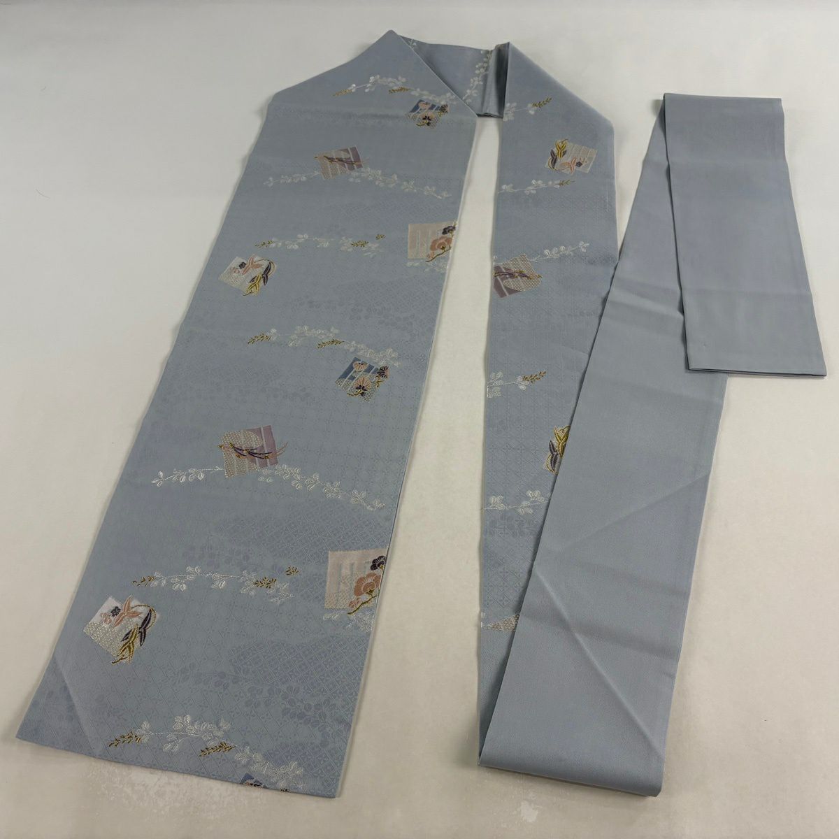 名古屋帶 秀品級 源氏香 萩 金絲 青灰色 純蠶絲