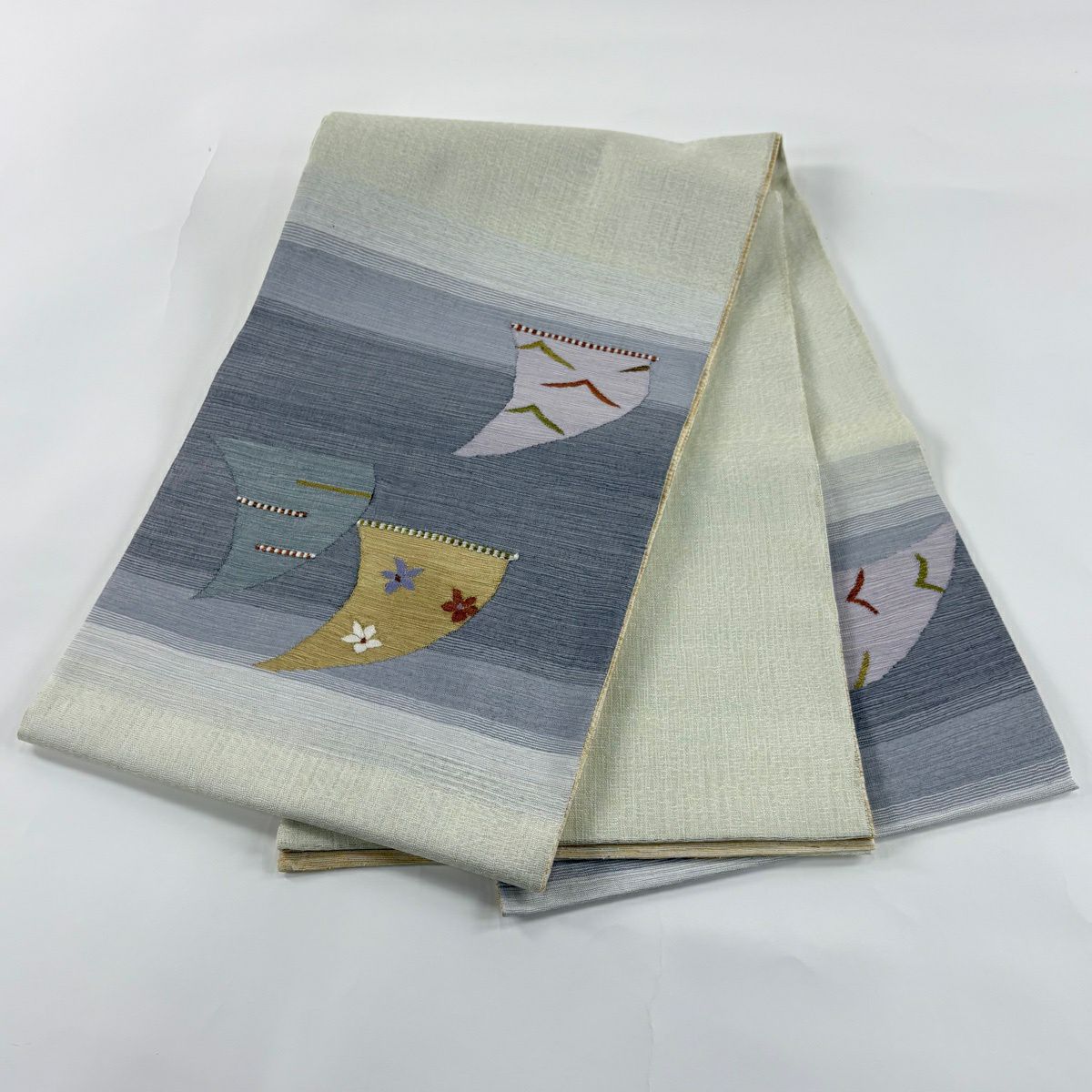 【美品】 袋帶 秀品級 夏帶 幾何學 花 灰色 大鼓圖案 純蠶絲