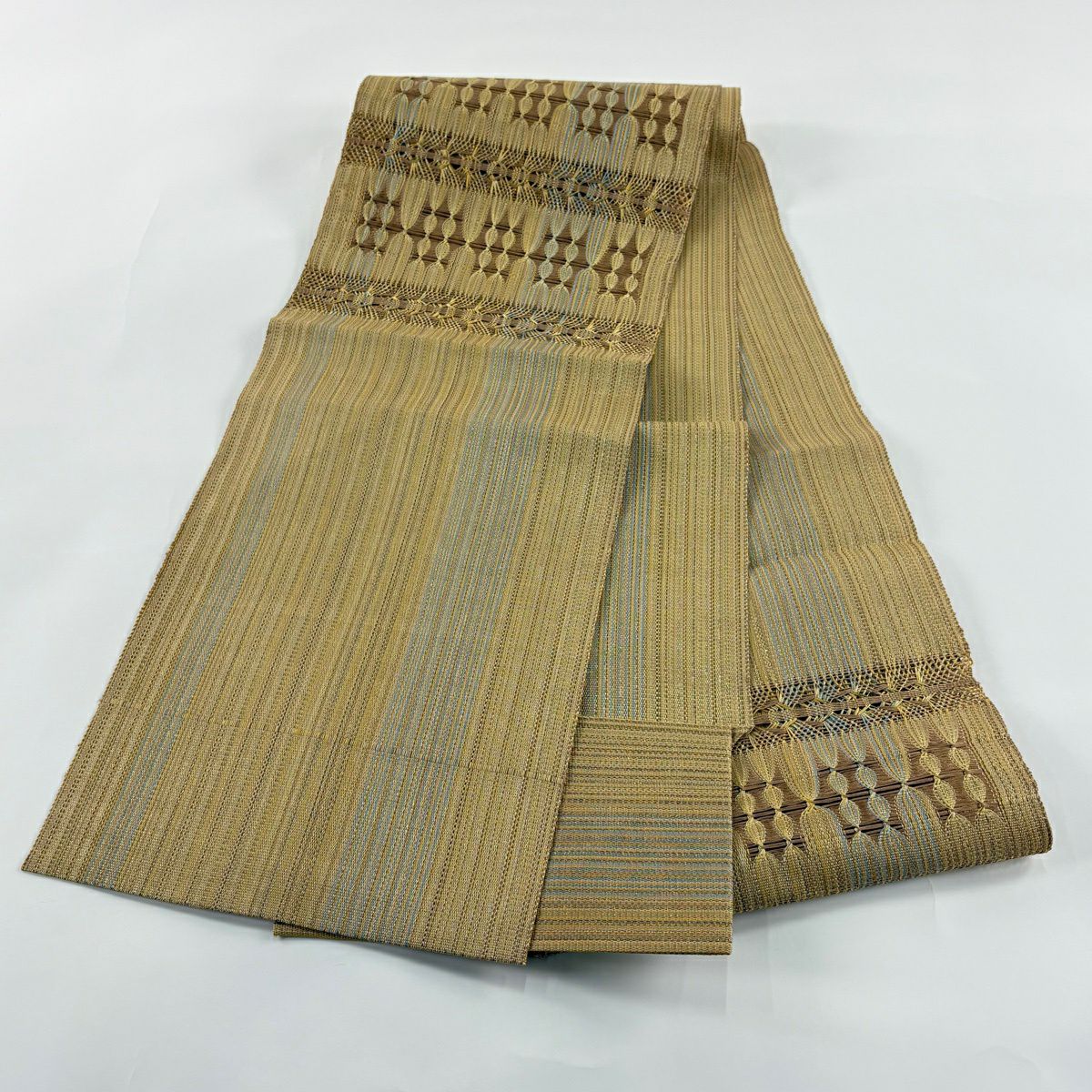 【美品】 名古屋帶 秀品級 八寸名古屋帶 松樹葉仕立 幾何學圖案 金線 黃土色 純蠶絲