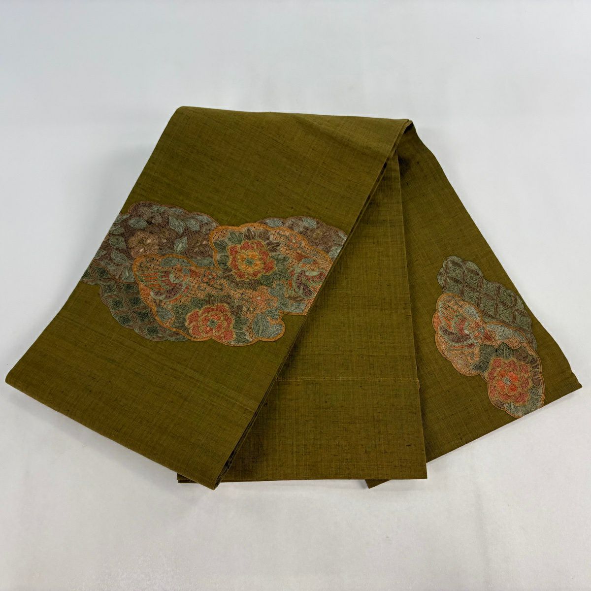 【美品】 袋帶 秀品級 紬織織 華紋 花鳥 刺繡 茶綠 金銀彩 正蠶絲