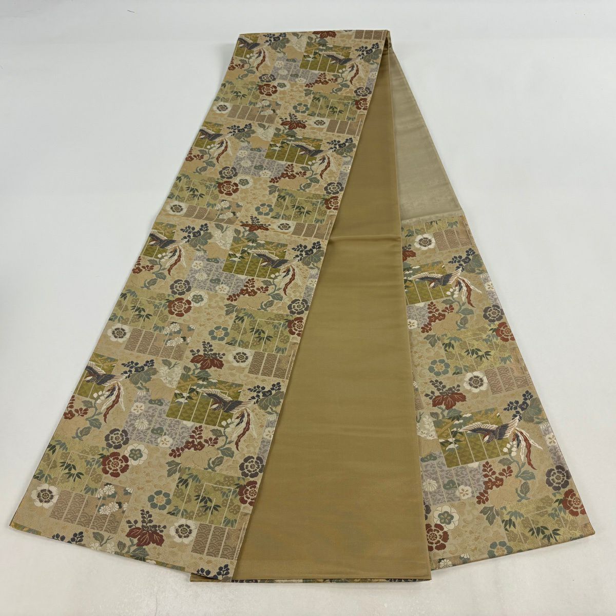 【美品】 袋帶 逸品級 證書齊全 源氏香 花鳥 金絲 淺茶 六通 純蠶絲