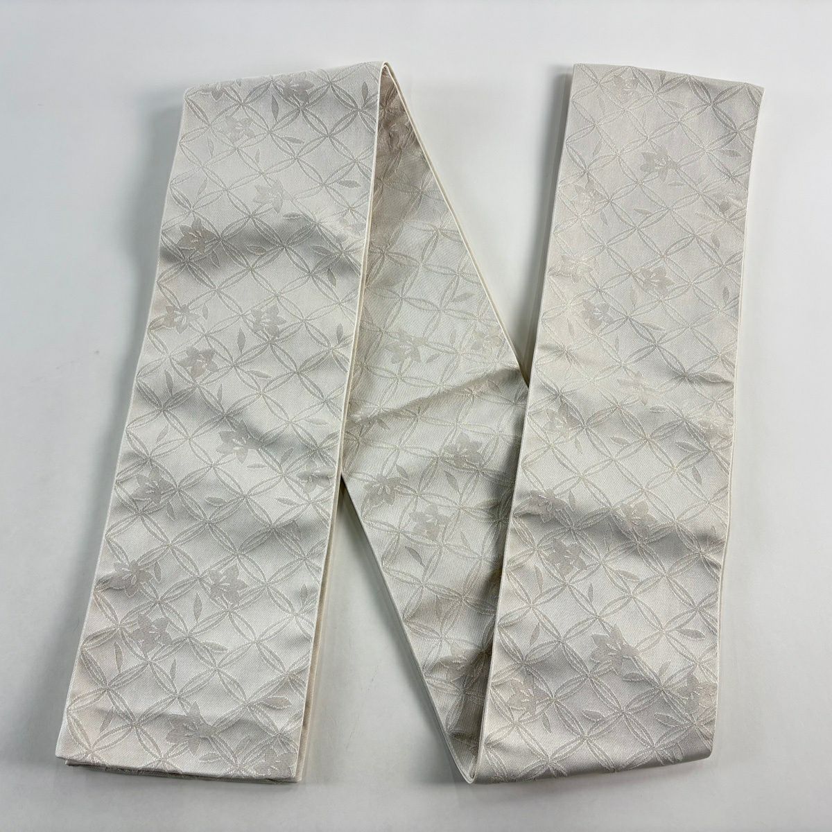 【美品】半幅帶 優品級 桔梗 七寶 金金箔 白 化纖