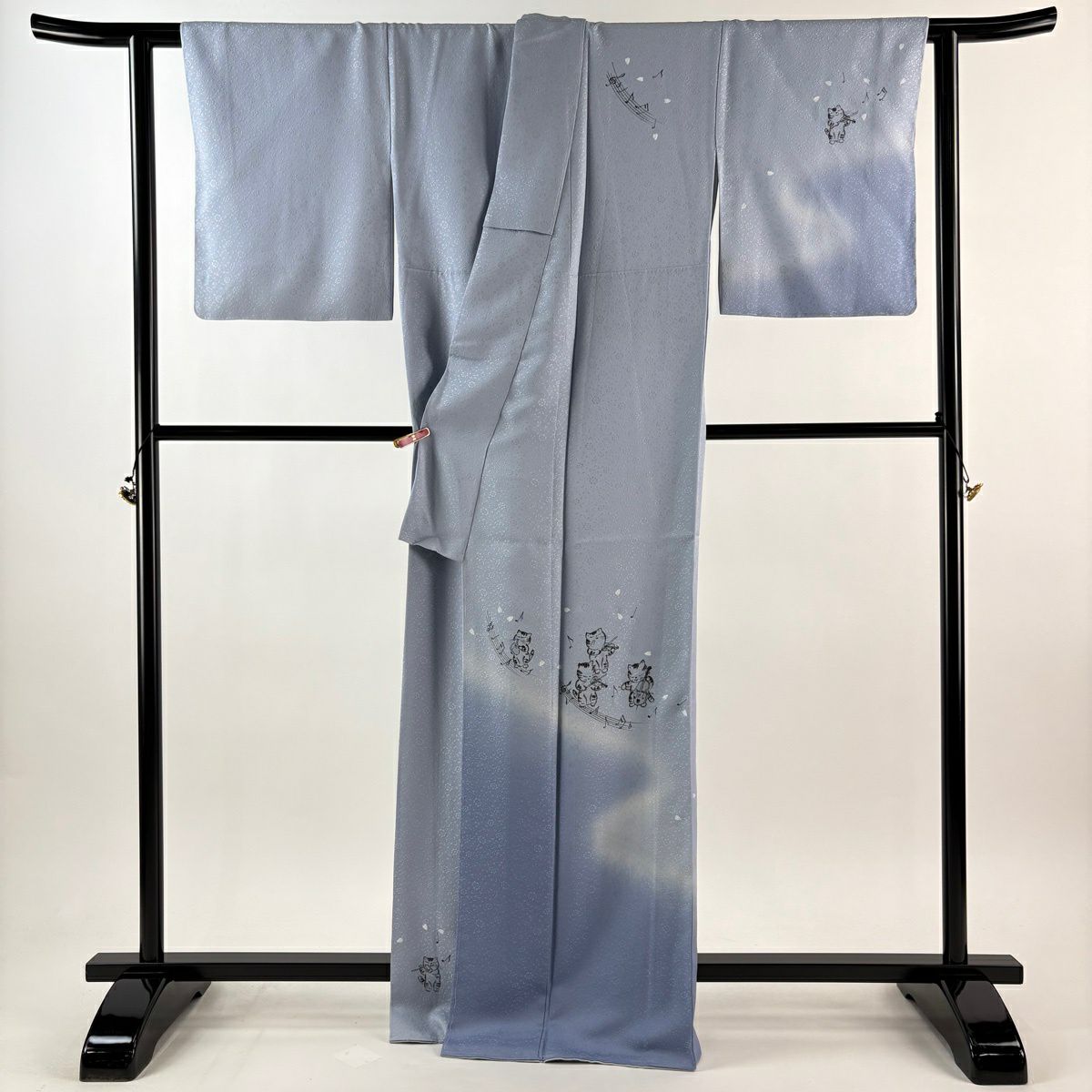 付下 身長166cm 袖長64.5cm M 雙層 貓 樂器 漸層 水藍 純蠶絲 逸品級