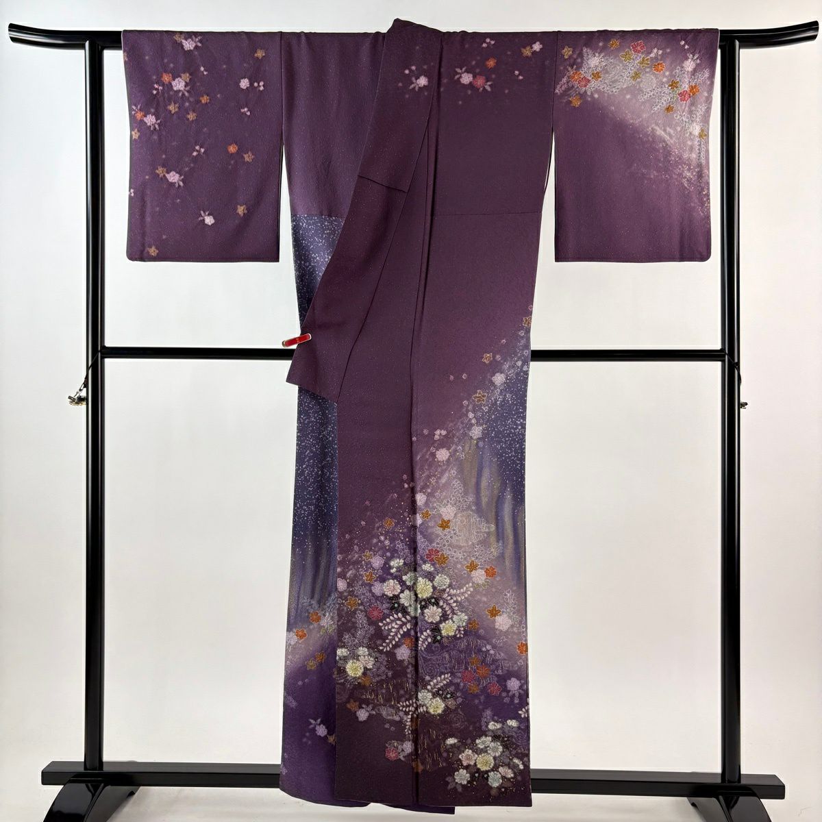 訪問服 身長156.5cm 袖長64cm M 雙層 吉乃一廉 落款あり 草花紋紋 霞 金銀彩 絞染 紫 純蠶絲 逸品級
