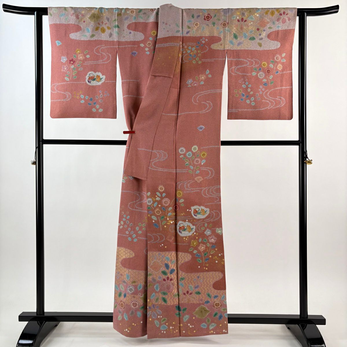 訪問服 身長161cm 袖長65cm M 雙層 松樹井青青 落款 鴛鴦 草花紋 金銀彩 染分 鮭粉色 純蠶絲 逸品級 一つ紋