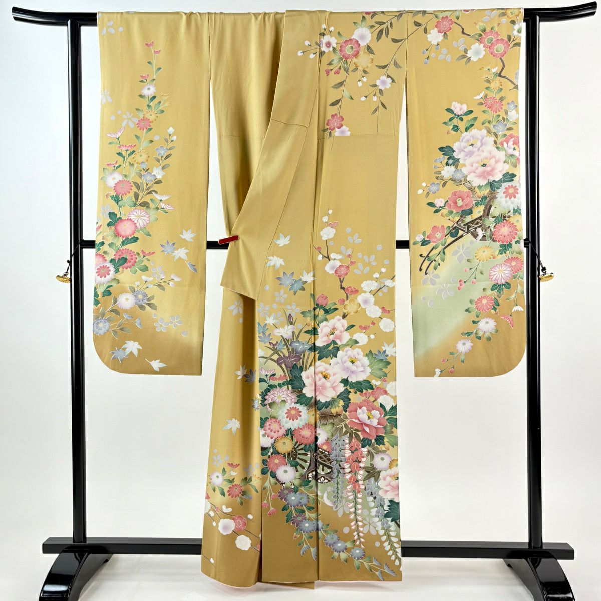 振袖禮服 身長162.5cm 袖長64cm M 雙層 花車 牡丹 金糸 漸層 淡黃土 純蠶絲 逸品級