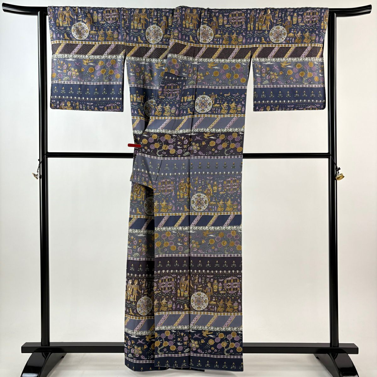 訪問服 身長160.5cm 袖長66.5cm M 雙層 科普特圖案 花鳥 刺繡 金絲 紫色 純蠶絲 逸品級