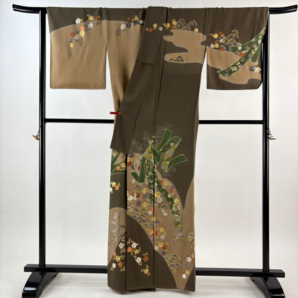 訪問服 身長161.5cm 袖長67.5cm L 雙層 束ね熨斗紋 松樹梅花 金糸 刺繡 薄茶 純蠶絲 逸品級