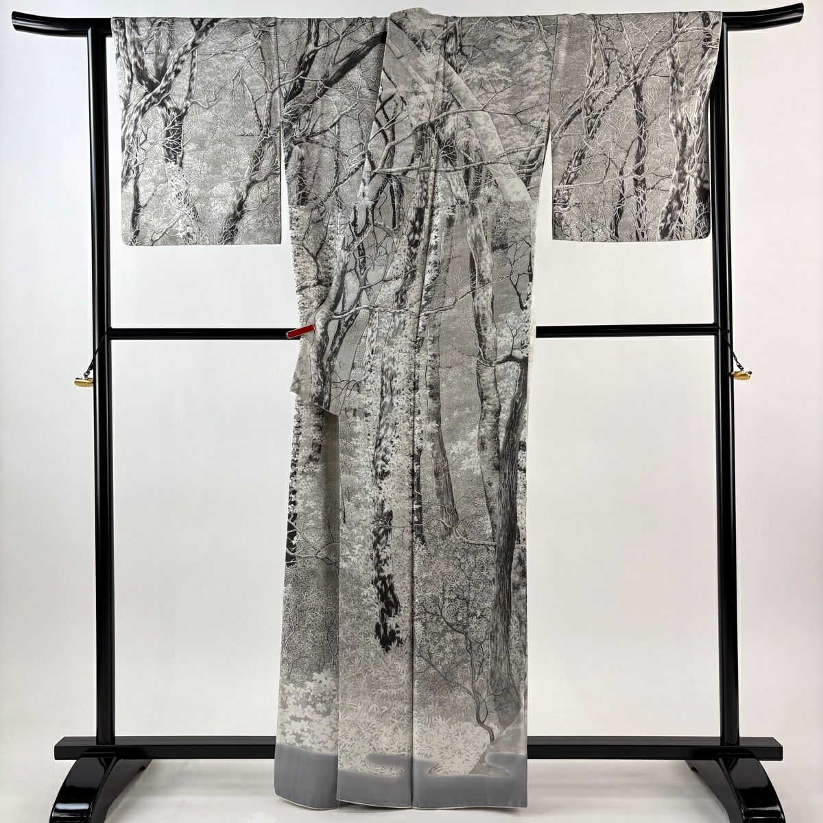 【美品】訪問服 身長163.5cm 袖長66.5cm M 雙層 山岡古都 有落款 白樺 笹 灰色 純蠶絲 逸品級