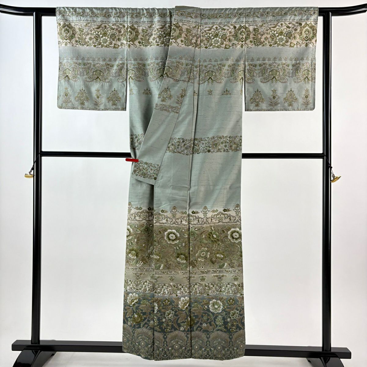 【美品】訪問服 身長156cm 袖長63cm S 雙層 草花紋紋 花唐草紋刺繡 漸層 灰綠 純蠶絲 逸品級