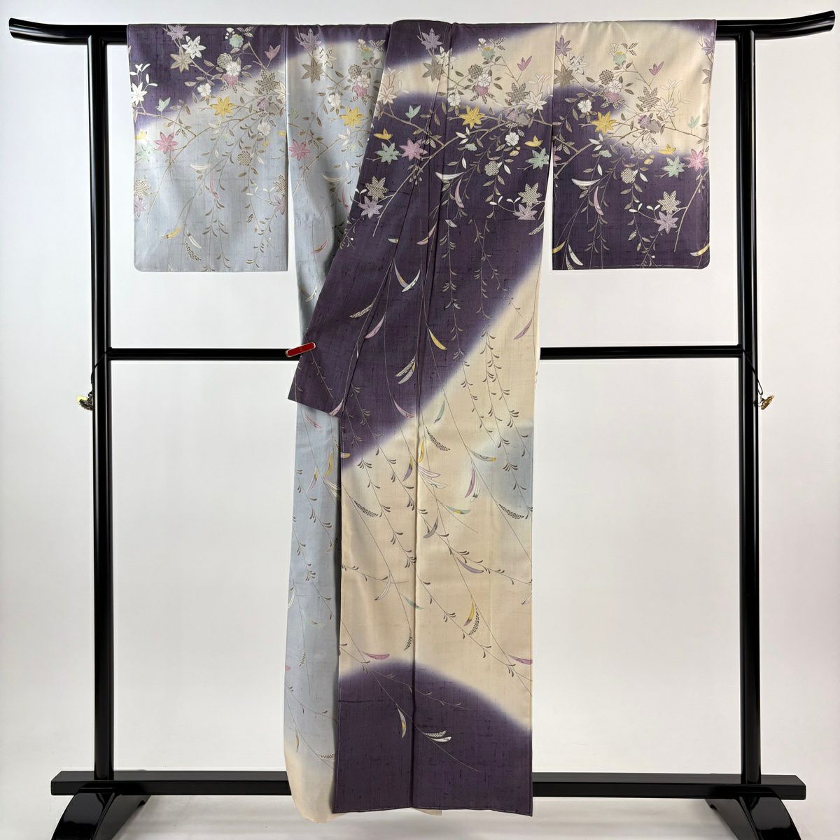 訪問服 身長157.5cm 袖長62.5cm S 雙層 紬織織 葉柄 櫻花 金銀彩 染分 紫 純蠶絲 逸品級