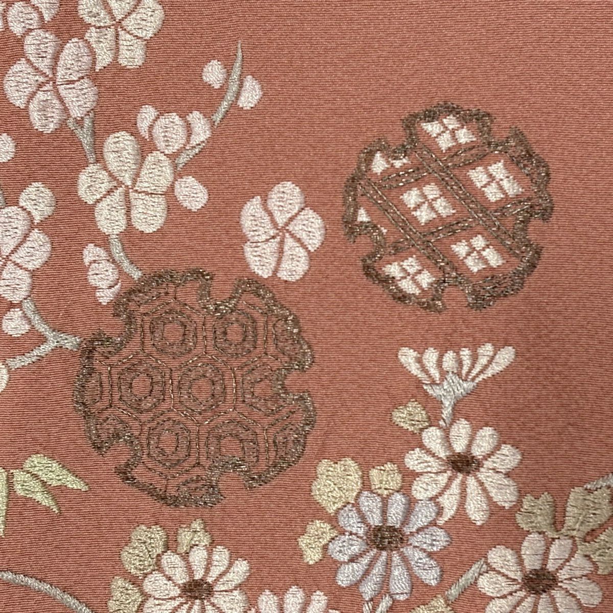 付下 身長160cm 袖長67cm M 雙層 雪輪 草花紋刺繡 銀線 粉紅 純蠶絲 優品級