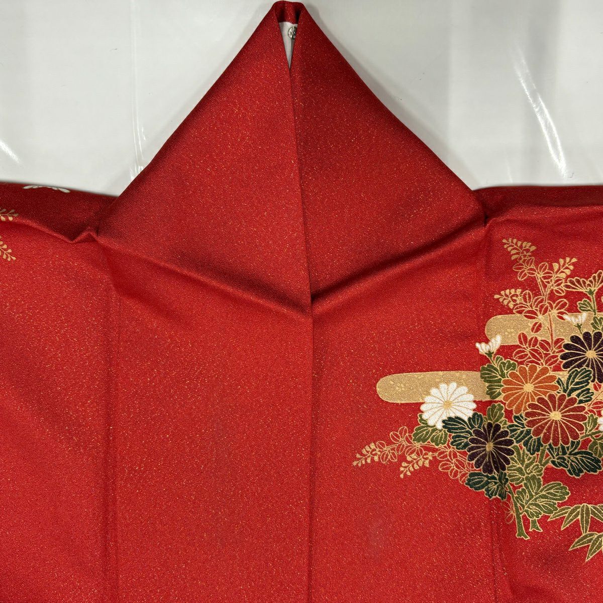 振袖禮服 身長173.5cm 袖長68.5cm L 雙層 束捲熨斗紋 松樹竹子梅花 金通 金絲 紅 純蠶絲 名品級