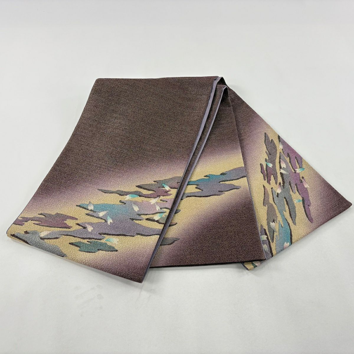 【美品】 袋帶 名品級 霞 花瓣 金銀絲 漸層 小豆色 大鼓圖案 純蠶絲
