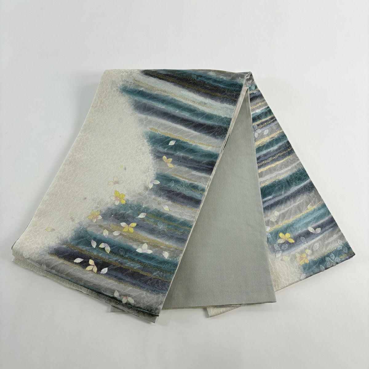 【美品】 袋帶 秀品級 花霞 金金箔 銀絲 灰白 六通 純蠶絲