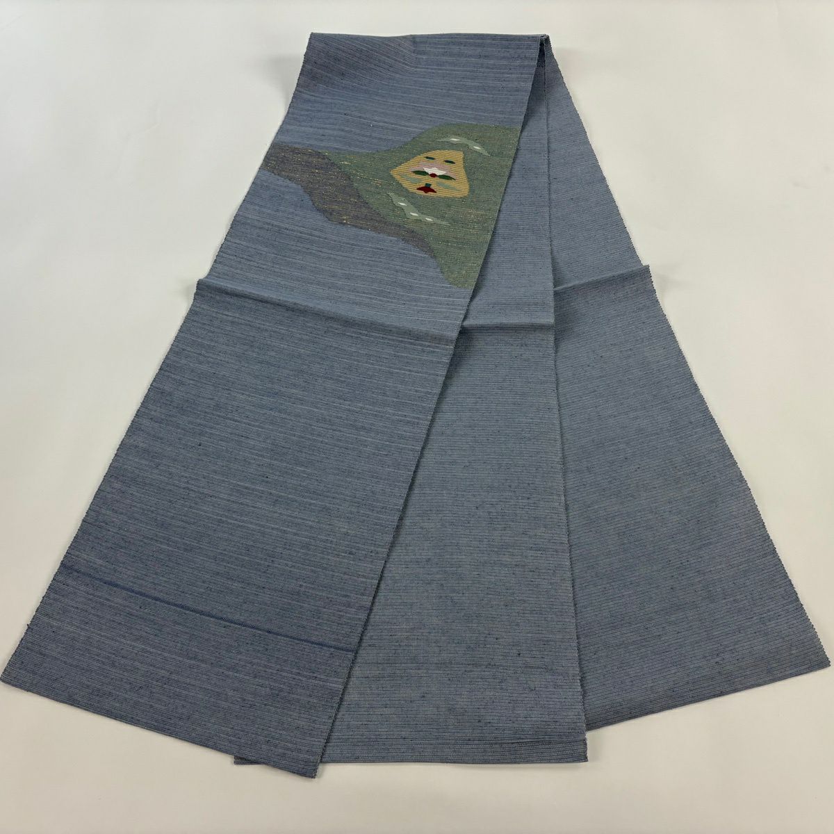 【美品】 名古屋帶 秀品級 八寸名古屋帶 紬織織 草花紋紋 幾何學圖案 金金箔 青灰 純蠶絲