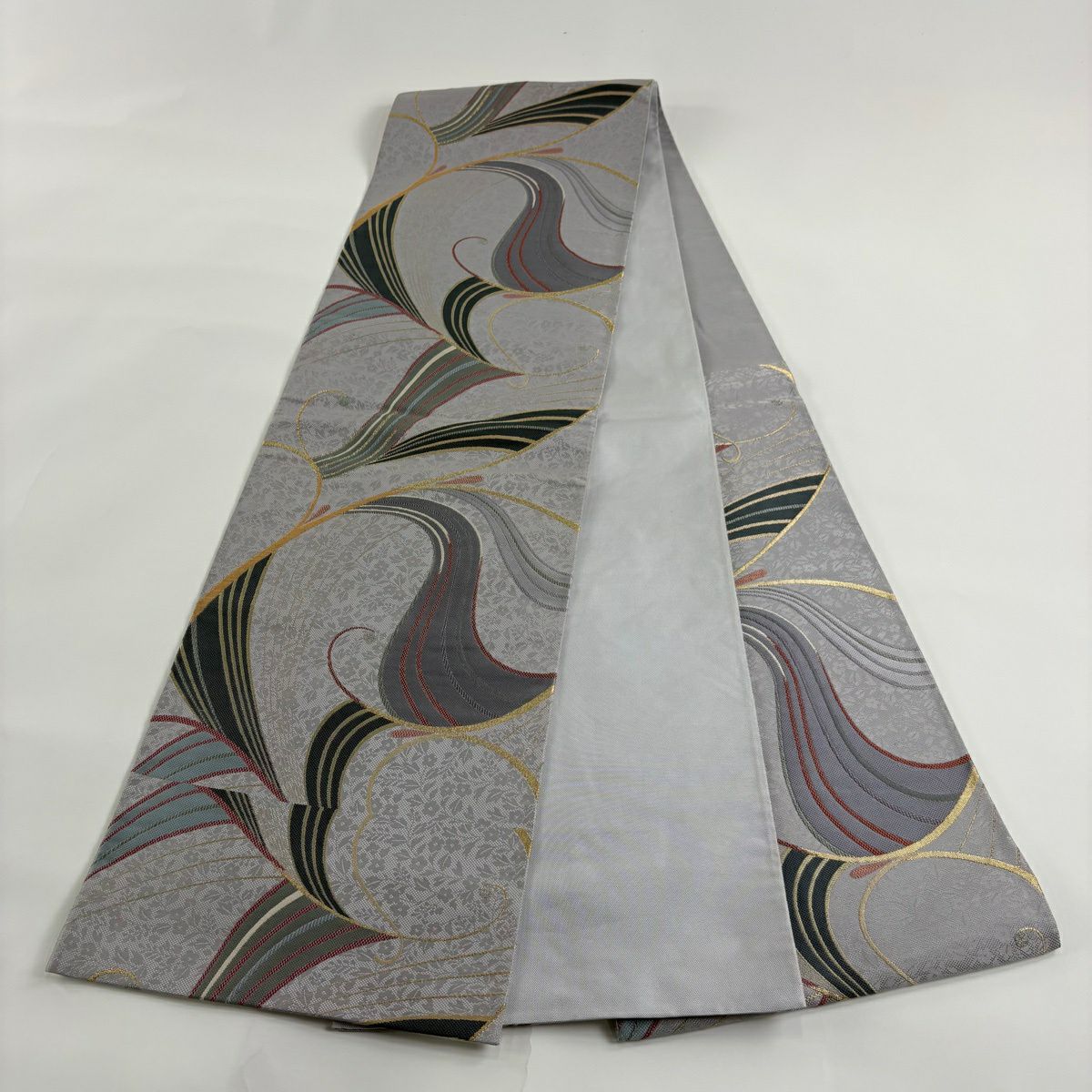 【美品】 袋帶 秀品級 葉紋 金絲 金金箔 淺紫 六通 純蠶絲