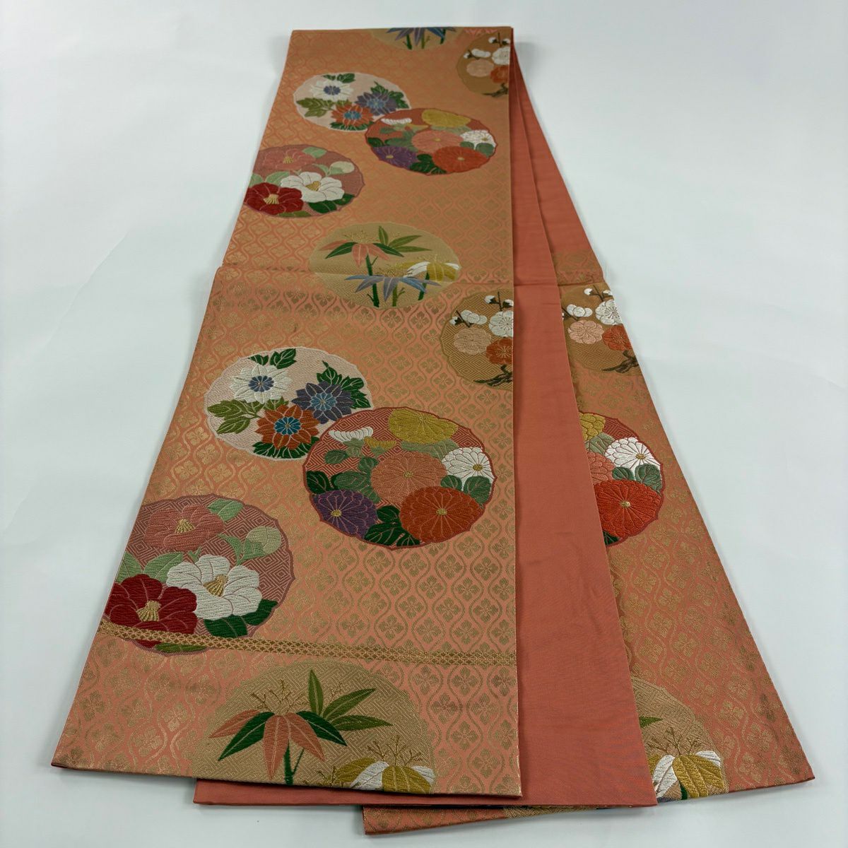 【美品】 袋帶 秀品級 菊花 立涌 金絲 金金箔 橙色 六通 純蠶絲