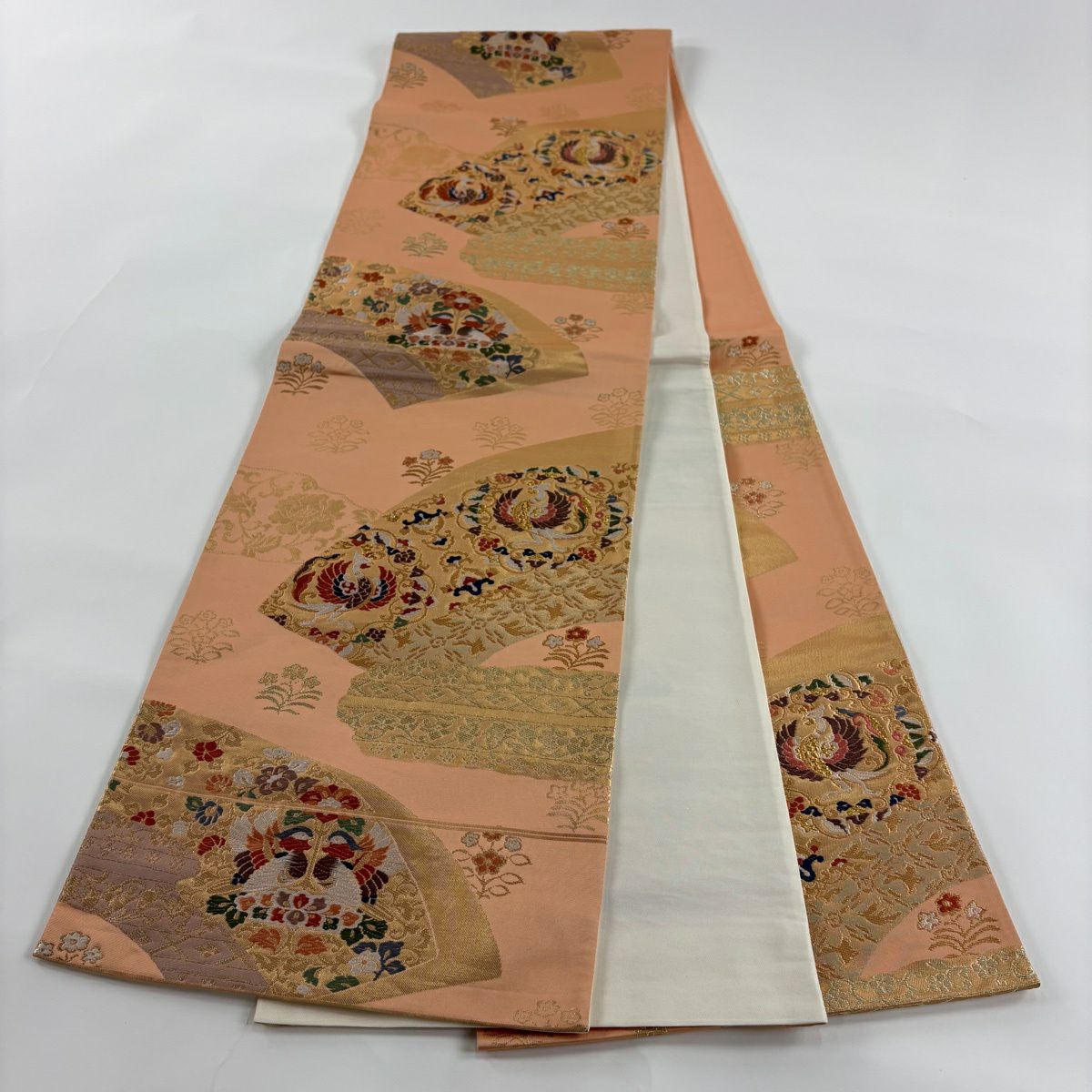 【美品】 袋帶 秀品級 扇子面 花鳥 金絲 金金箔 橙色 六通 純蠶絲