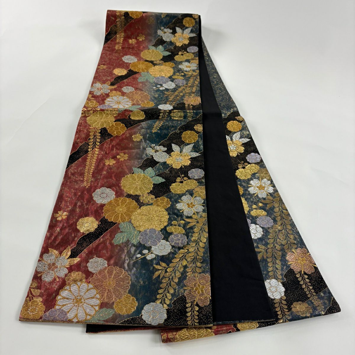 【美品】 袋帶 秀品級 菊花 藤 金金箔 金銀彩 紅 六通 純蠶絲
