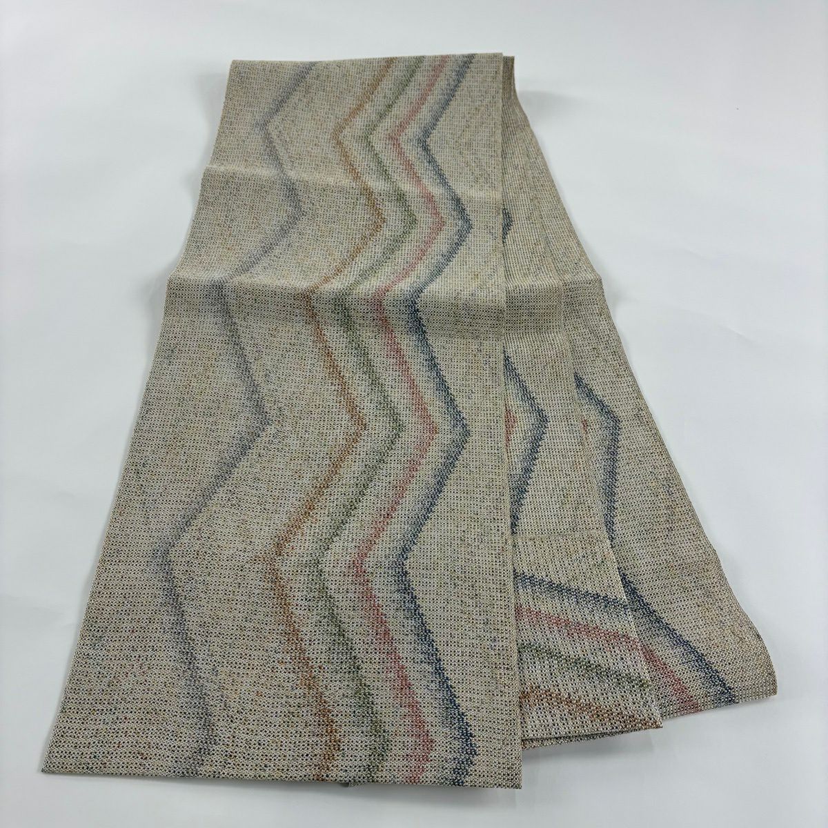 【美品】 名古屋帶 優品級 八寸名古屋帶 松樹葉仕立 雜技仕立 夏帶 幾何圖案 金絲 米色 純蠶絲
