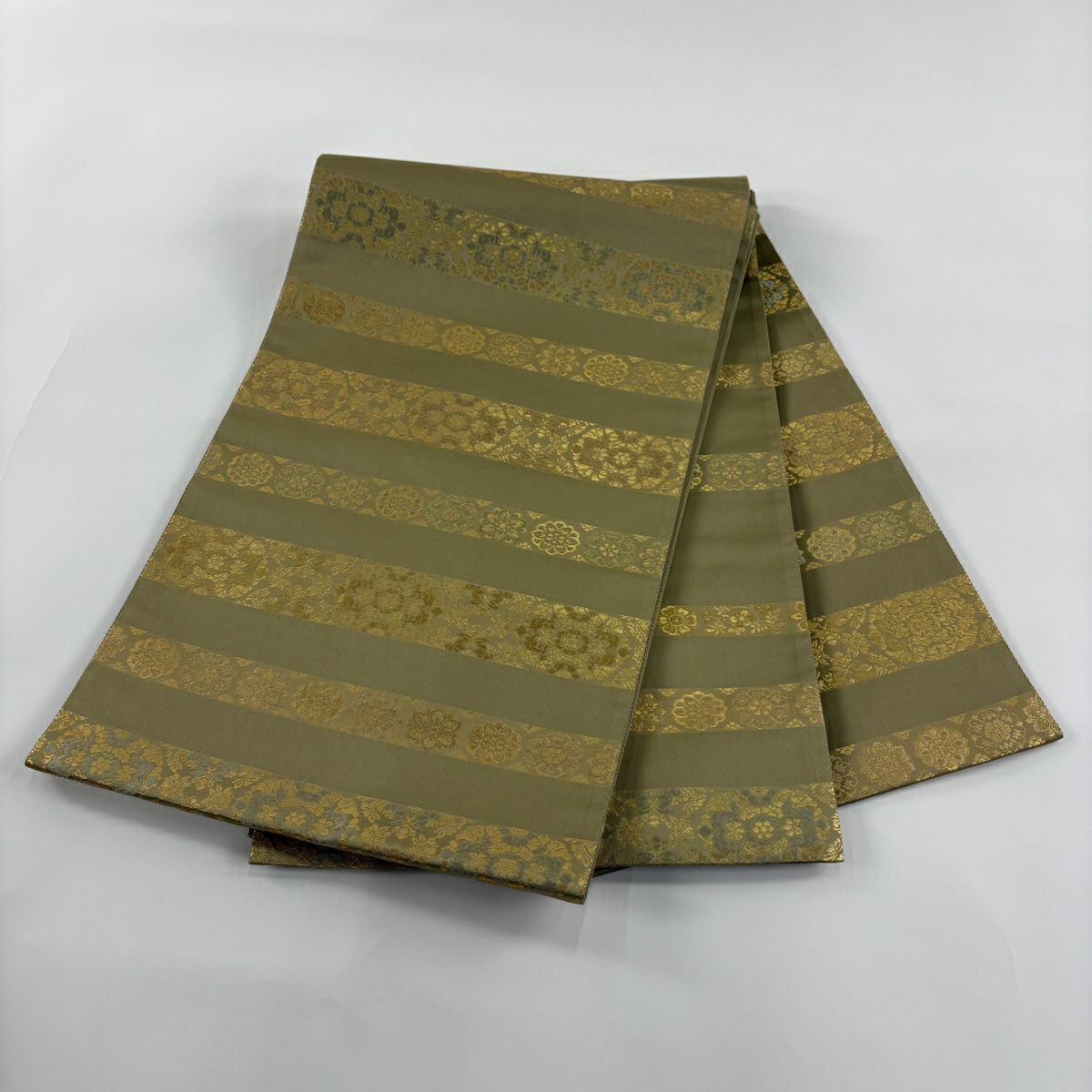 【美品】 袋帶 秀品級 縞 華紋 金金箔 米色 お太鼓柄 純蠶絲
