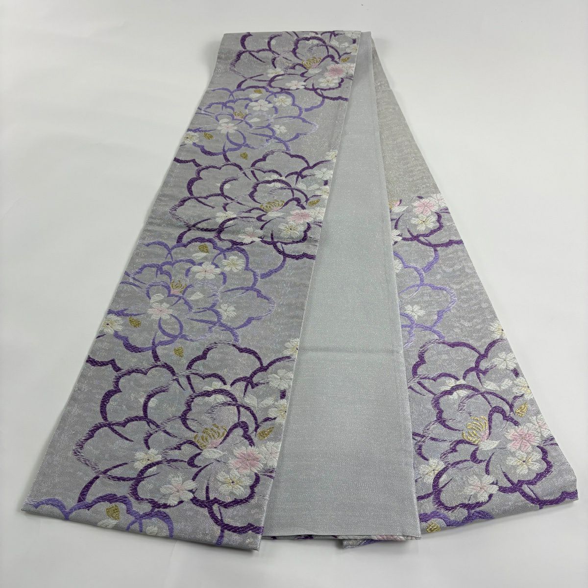 【美品】 袋帶 秀品級 櫻花 唐織 金金箔 銀色 六通 純蠶絲