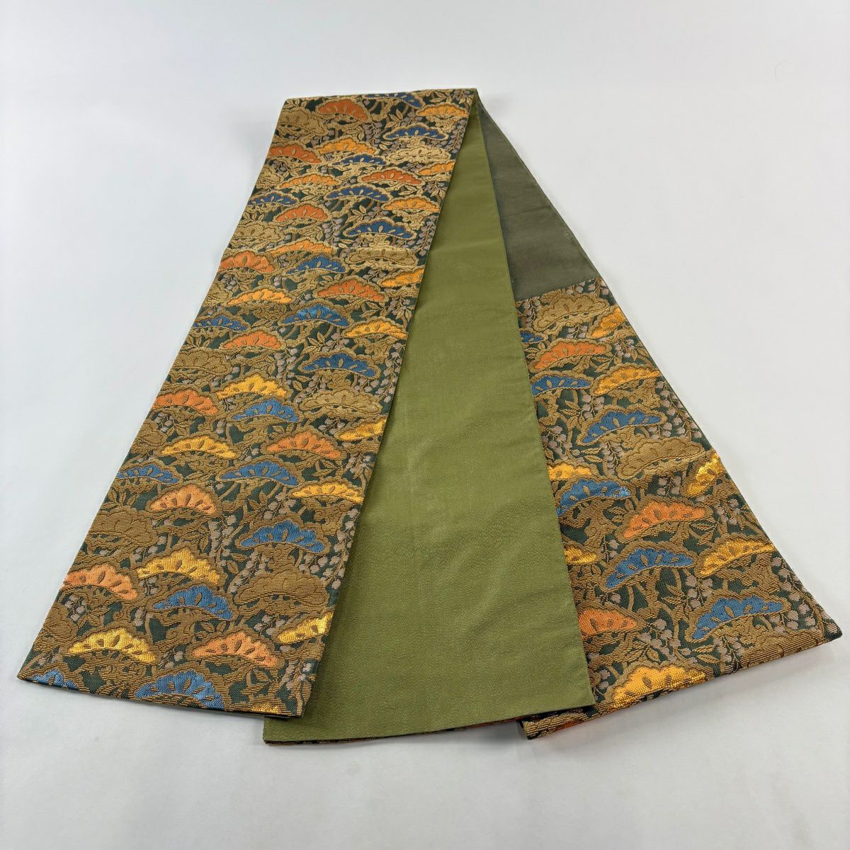 【美品】 袋帶 名品級 花井幸子 落款あり 笠松樹 金銀彩 金金箔 灰綠 六通 純蠶絲