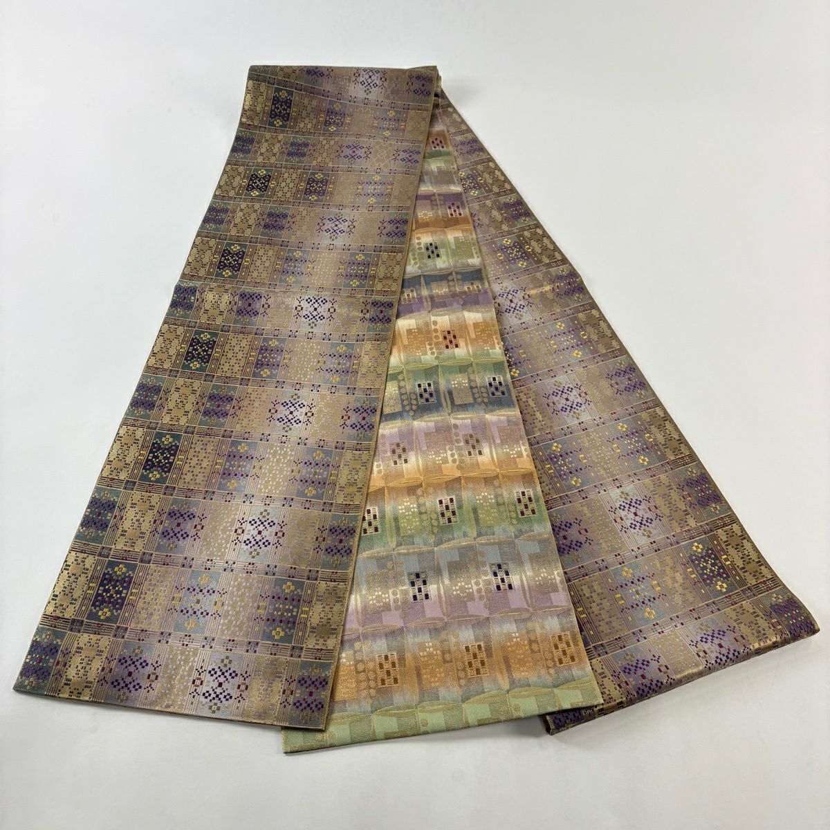 【美品】 袋帶 名品級 雙面 格子 幾何圖案 金絲 金金箔 灰紫 全通 純蠶絲