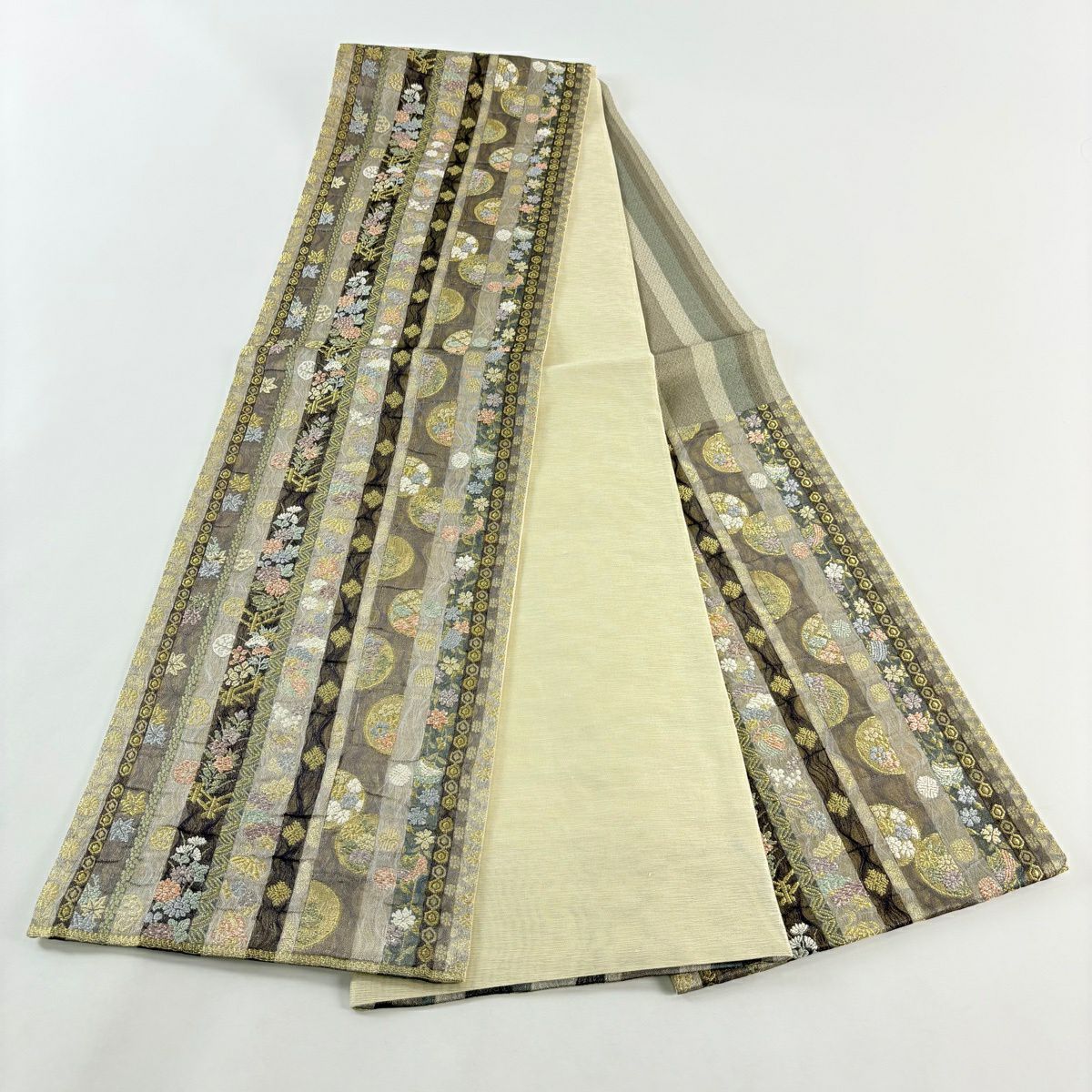 【美品】 袋帶 名品級 献上垣根文 草花紋紋 縞 金絲 金金箔 淺黃土色 六通 純蠶絲