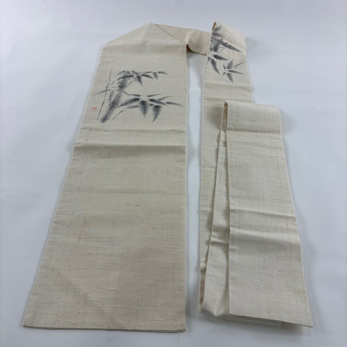 【美品】名古屋帶 秀品級 附落款 紬織織 竹子子 竹子葉 米色 純蠶絲