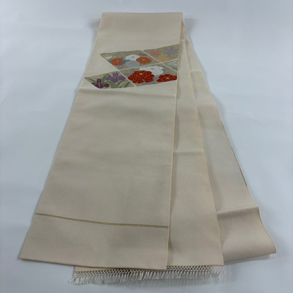 【美品】名古屋帶 秀品級 牡丹 菊花 金金箔 米色 大鼓圖案 純蠶絲
