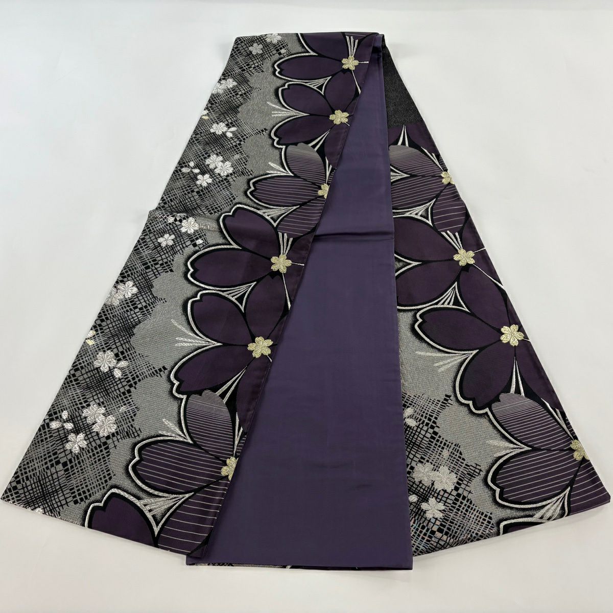 【美品】 袋帶 優品級 振袖禮服禮服用 櫻花 金銀彩 金金箔 深紫 六通 純蠶絲