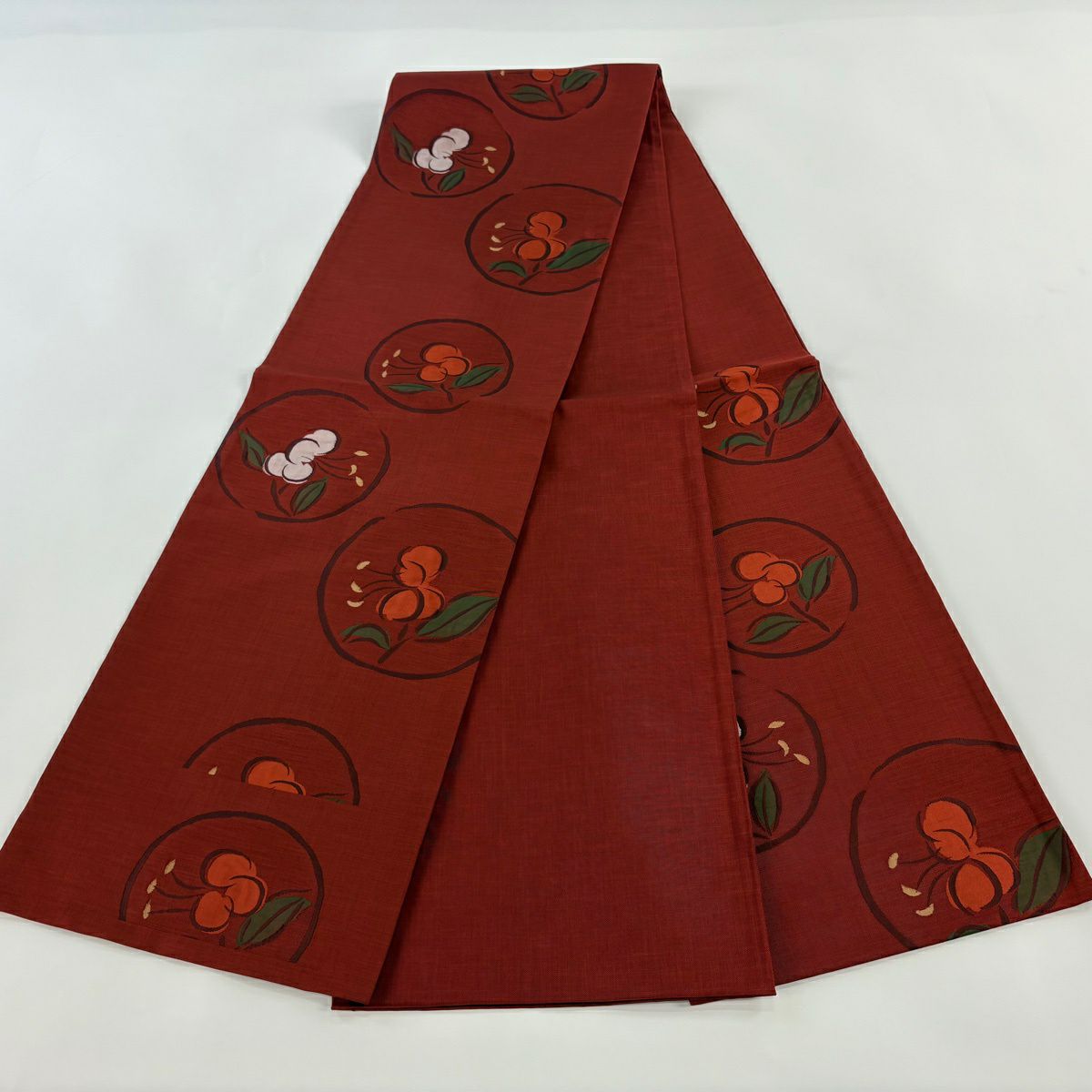 【美品】 袋帶 秀品級 木屋太 落款あり 枝花 圓文 紅 六通 純蠶絲