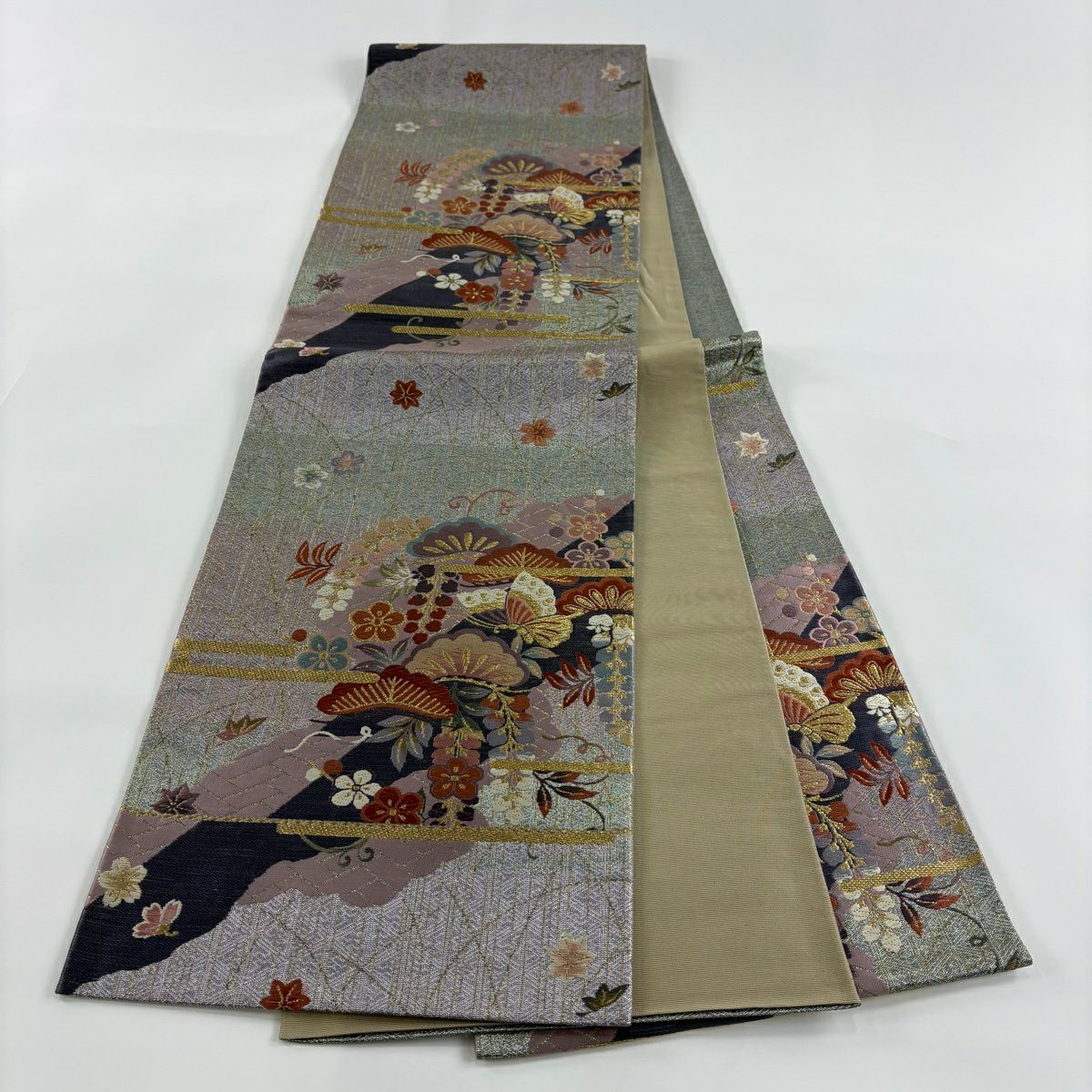袋帶 秀品級 松樹梅花 蝶 金糸 金金箔 紫 六通 純蠶絲
