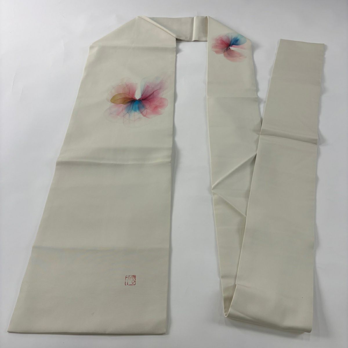 【美品】 名古屋帶 秀品級 落款 花朵 漸層 奶油色 純蠶絲