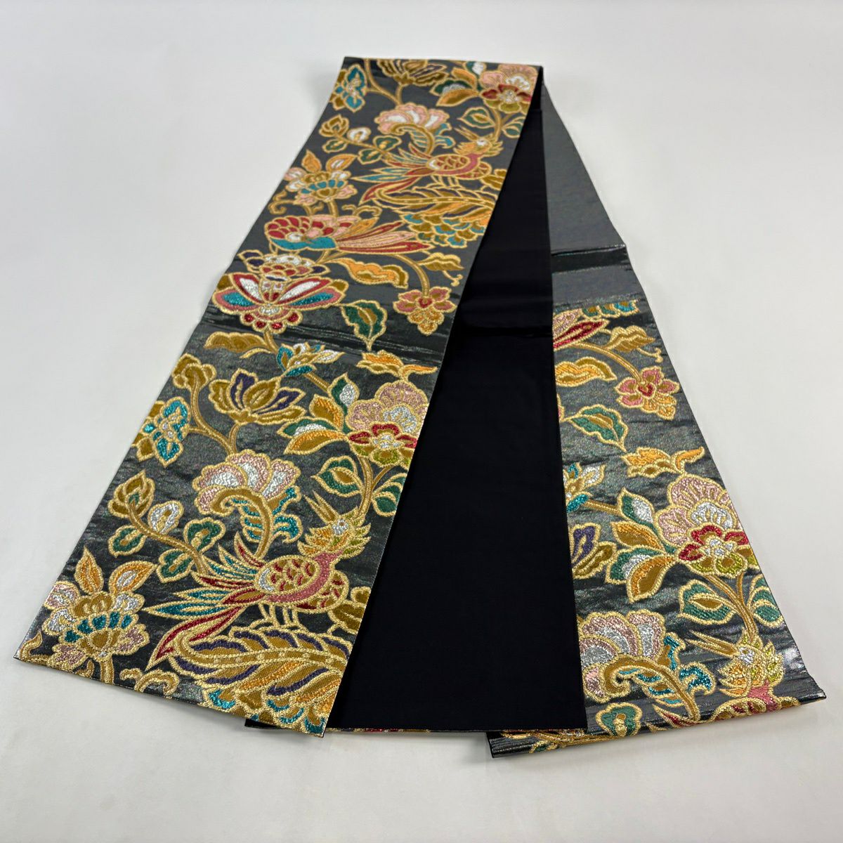 【美品】 袋帶 秀品級 草花紋 鳥 金金箔 金絲 灰紫 六通 純蠶絲