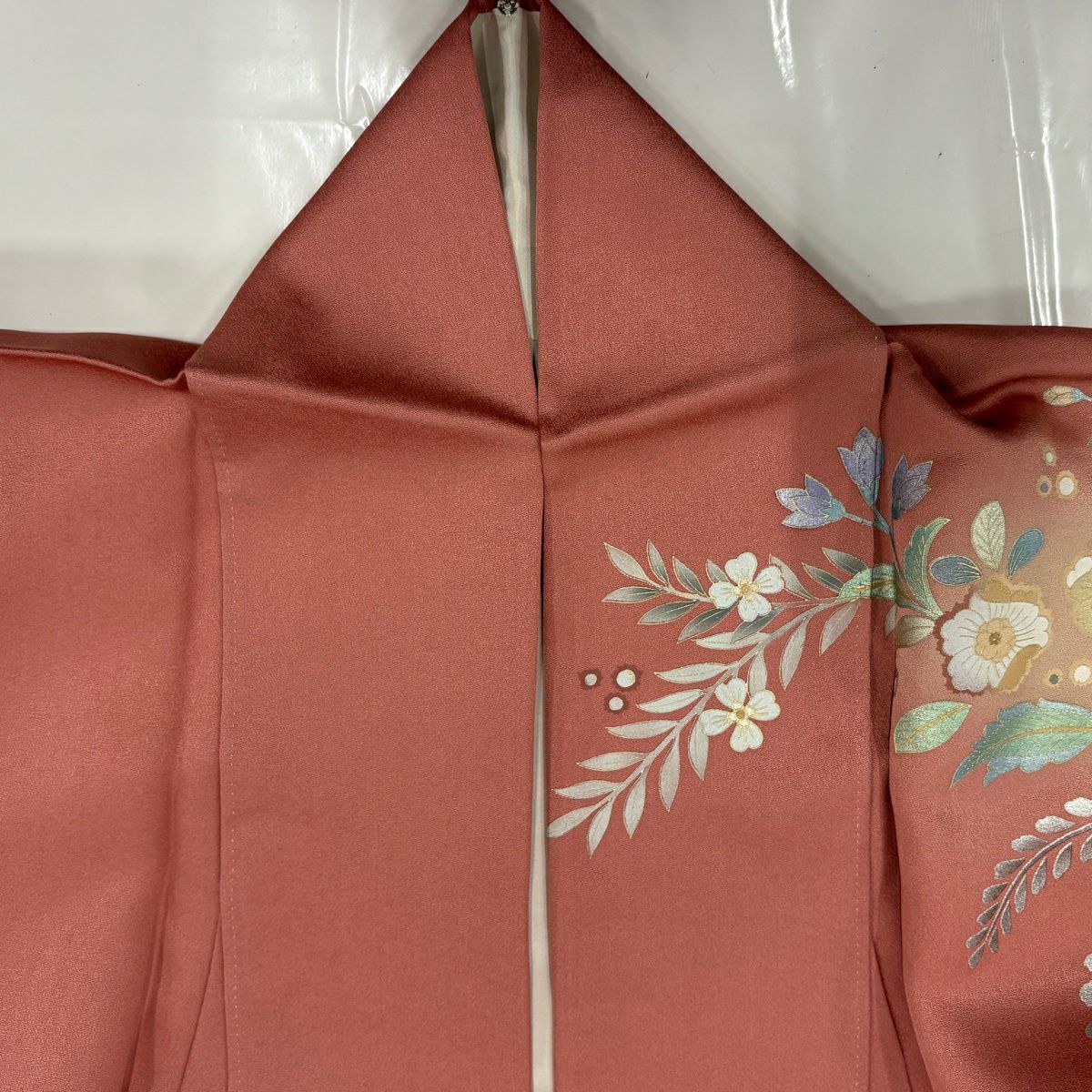 訪問服 身長154cm 袖長65.5cm M 雙層 草花紋紋 鳥 金銀彩 漸層 粉紅 純蠶絲 優品級