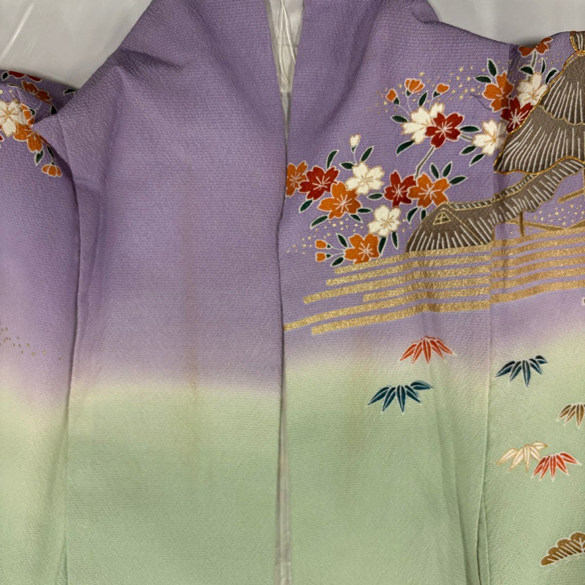 振袖禮服 身長158.5cm 袖長65.5cm M 雙層 松樹竹子梅花 菊花 金絲 金銀彩 紅 純蠶絲 秀品級