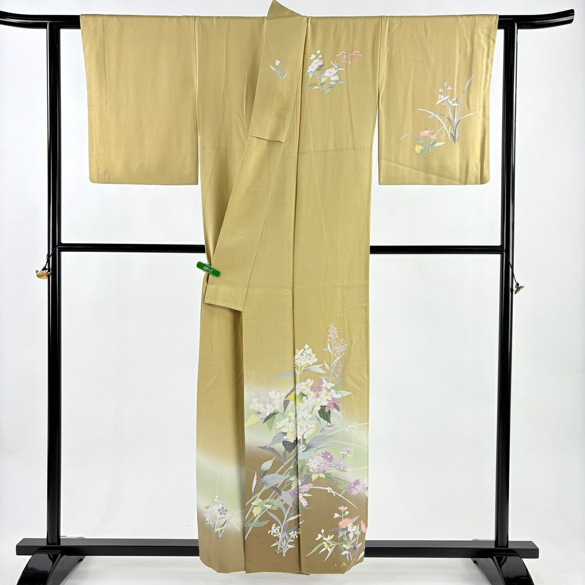 訪問服 身長156cm 袖長62.5cm S 雙層 坂井修 落款あり 草花紋紋 染分 ぼかし 黃土 純蠶絲 逸品級