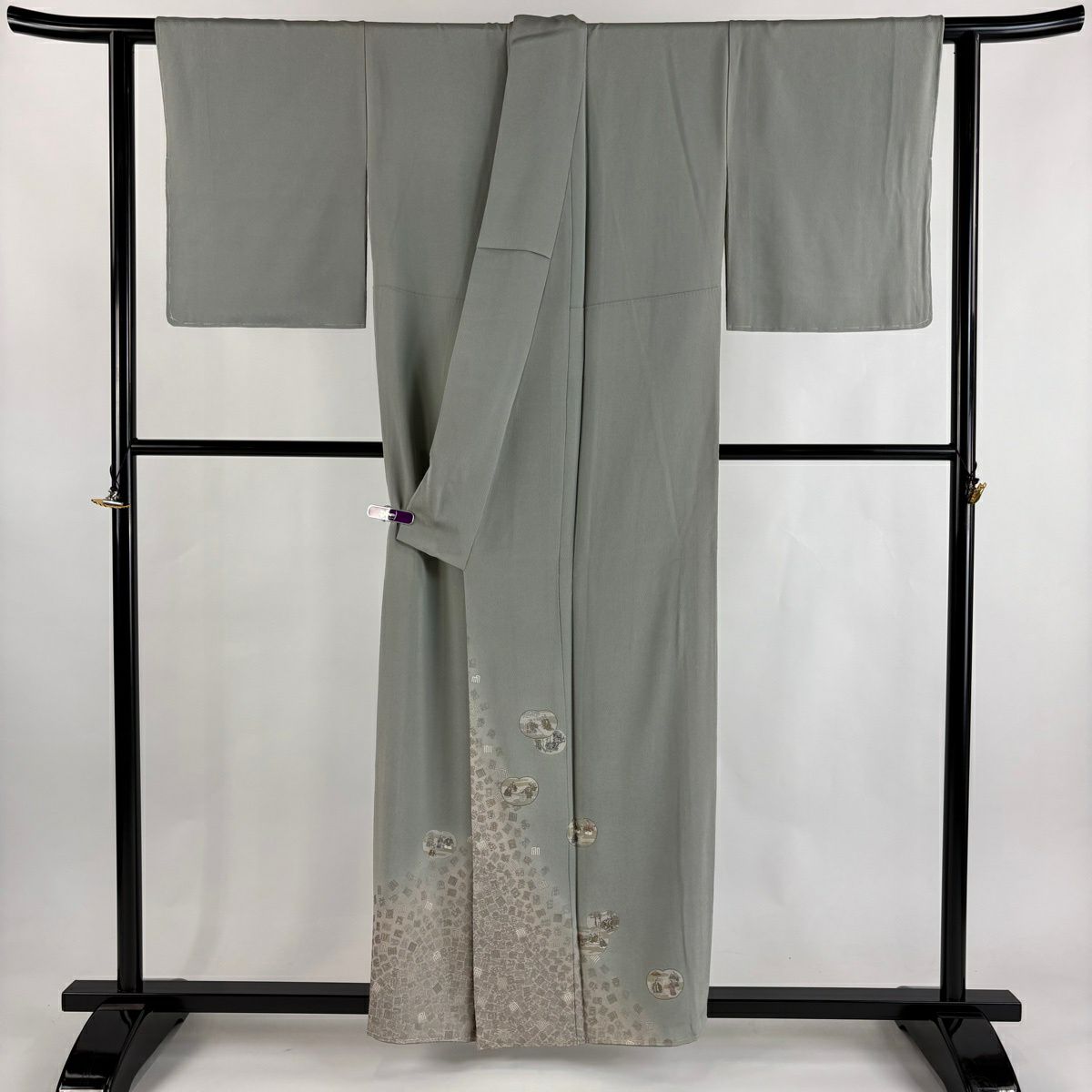 色留袖禮服 身長156.5cm 袖長65.5cm M 雙層 松樹尾光琳 落款人物 團扇子 銀線 金銀彩 灰綠 純蠶絲 逸品級 一つ紋