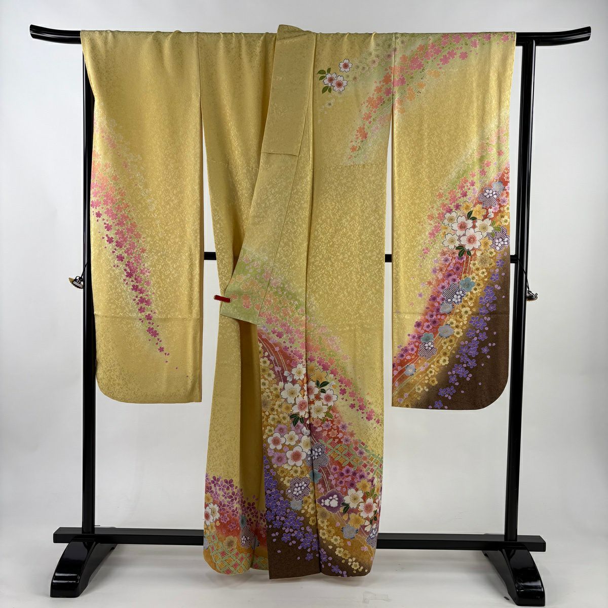 振袖禮服 身長159.5cm 袖長68cm L 雙層櫻梅花金通金銀彩黃色純蠶絲逸品級