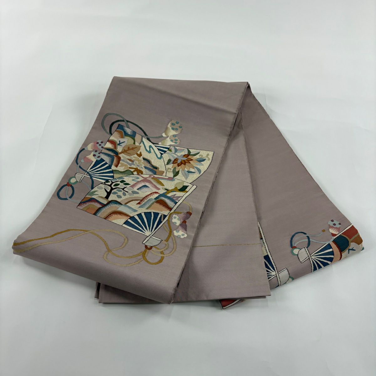 【美品】 袋帶 名品級 扇子 草花紋 金金箔 淺小豆 大鼓圖案 純蠶絲