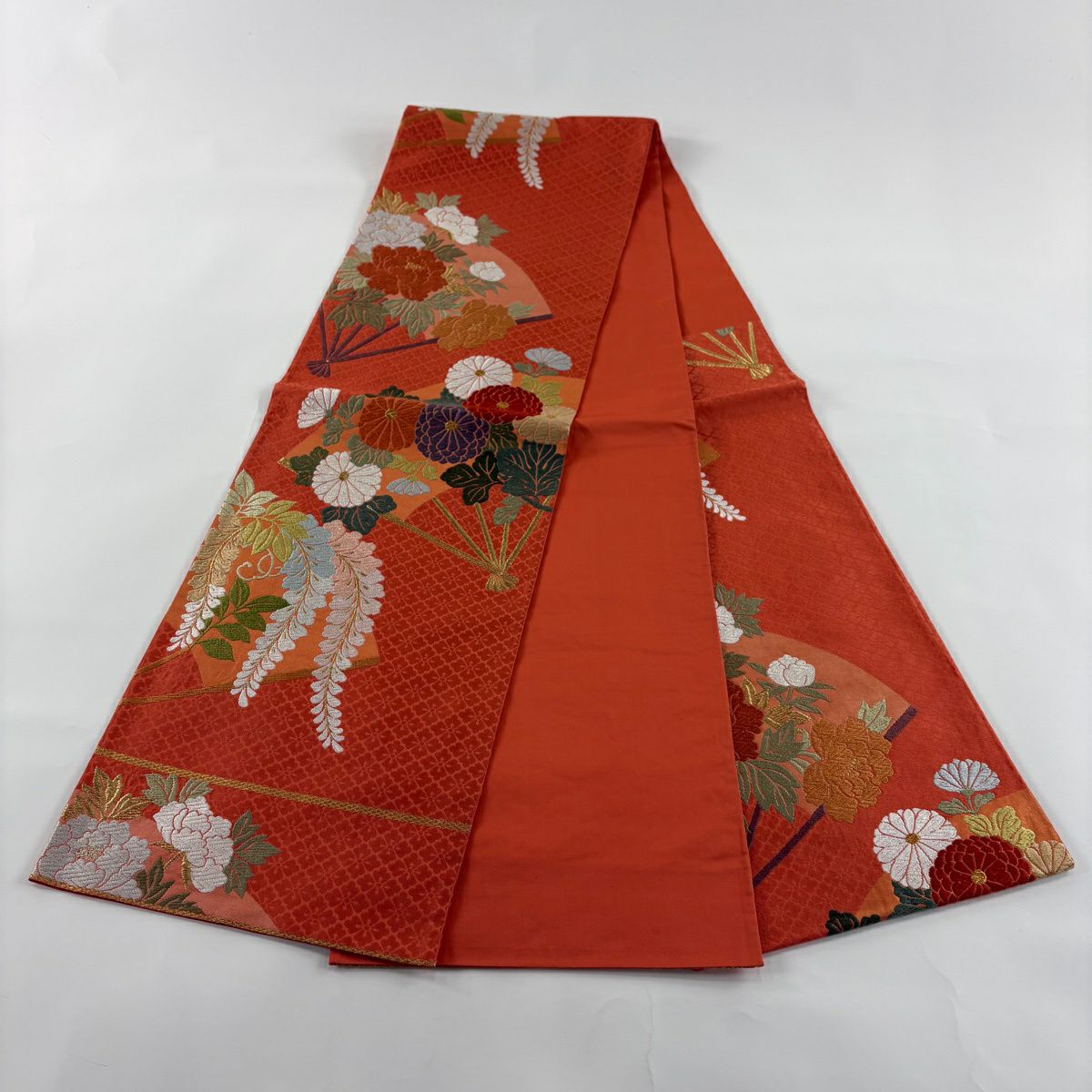 【美品】 袋帶 名品級 關西仕立 扇子 草花紋 唐織 金絲 鮭粉色 六通 純蠶絲