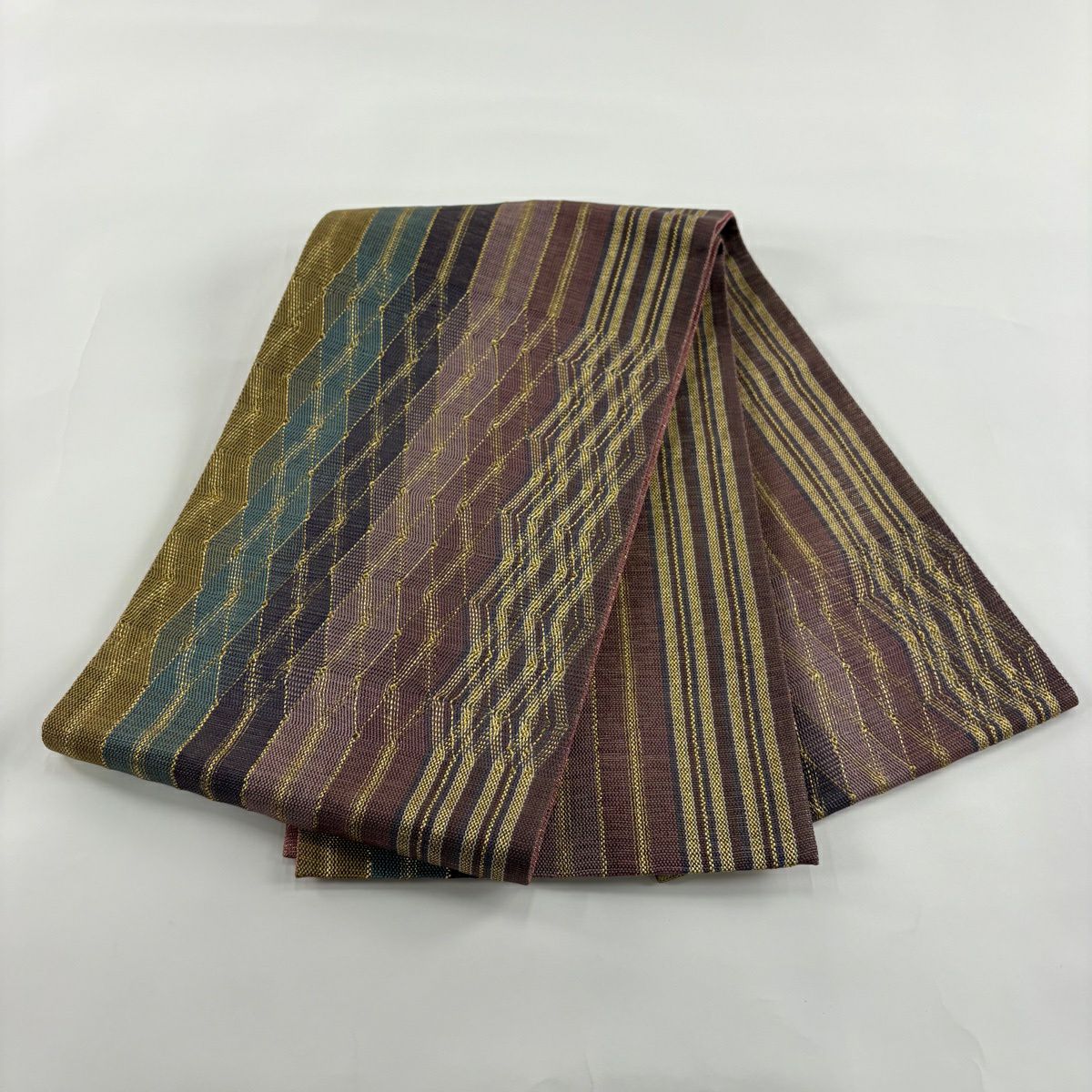 【美品】 袋帶 名品級 斜格紋 細條 金絲 淺紫 お太鼓圖案 純蠶絲