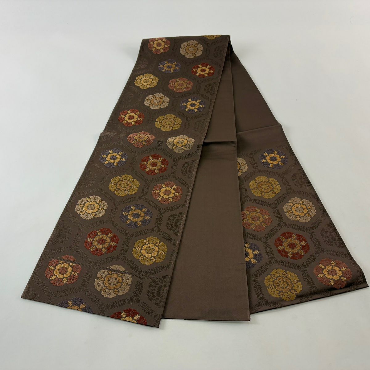【美品】 袋帶 名品級 華紋 金絲 刺繡 焦茶 深藍色 六通 純蠶絲