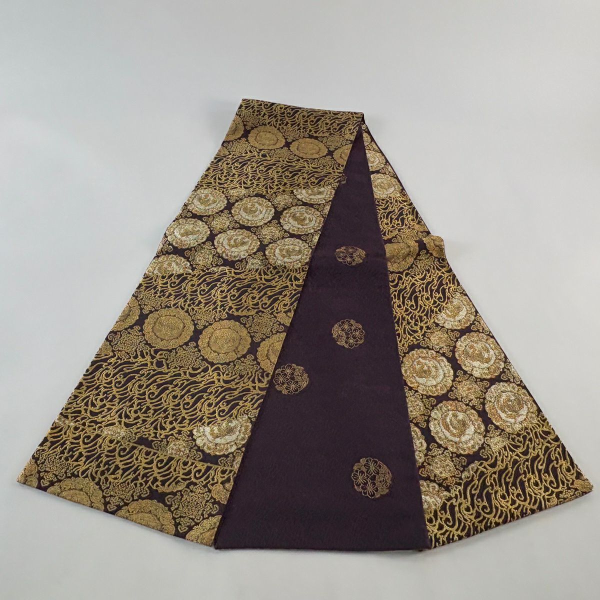 【美品】 袋帶 名品級 本金鳳凰唐草紋圓文錦 金絲 金金箔 深紫 全通 純蠶絲